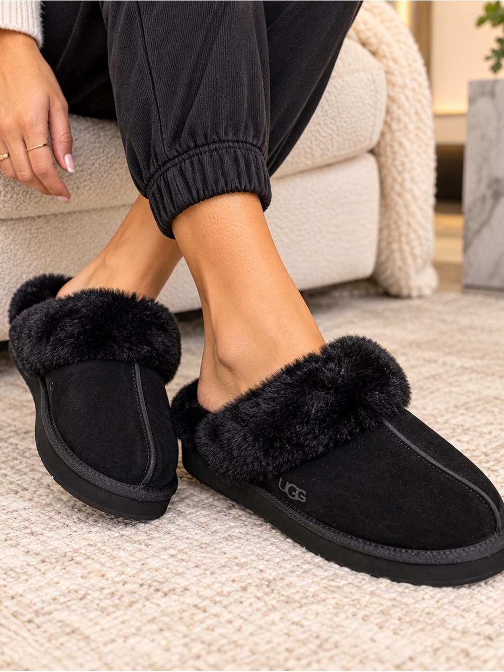 Brand new- UGG Black Suede Fur-Trim Slip-On Disquette Slipper.